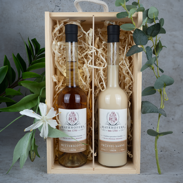 Edle Genussmomente: Butterscotch- & Trüffel-Sahne-Likör in eleganter Holzkiste